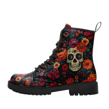 Day of the Dead Sugar Skull & Marigold Combat Boots - Dia de los Muertos Shoes 058-6-25009040-1