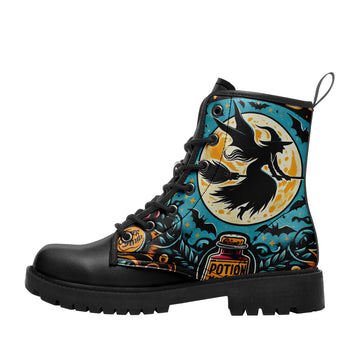 Witch Flying on Broomstick & Magic Potion Boots - Teal Moon Graphic Shoes BOOTS-24025002-10