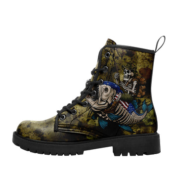 Skeleton Fisherman Riding Fish Combat Boots - Patriotic American Flag Angler Shoes BOOTS-24025002-2