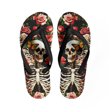 Toponepod Vintage Skeleton Rose Flip Flops | Custom Gothic Skull & Butterfly Sandals with Floral Art for Men & Women | FN058-25023046-8