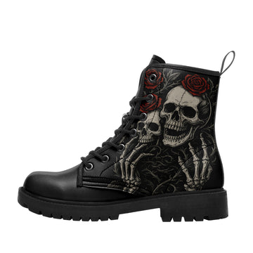 Gothic Skull & Red Rose Combat Boots - Skeleton Hand Tattoo Art Shoes BOOTS-25025054-4