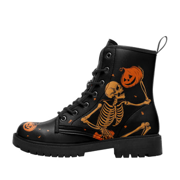 Retro Dancing Skeleton & Pumpkin Head Combat Boots - Vintage Halloween Shoes 058-6-25009051-9