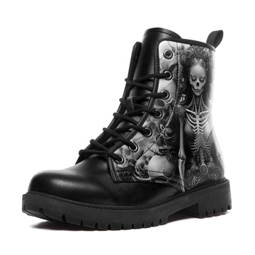 Skeleton Queen with Floral Crown Combat Boots - Monochrome Gothic Art Shoes BOOTS-240270014
