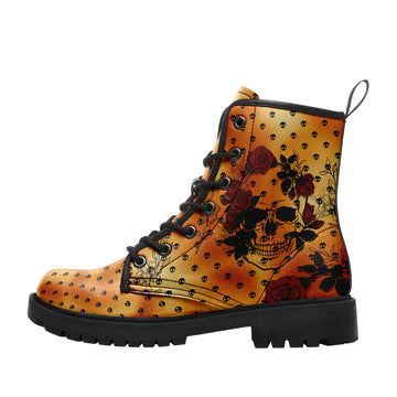 Floral Skull & Red Roses Combat Boots - Orange Gothic Tattoo Art Shoes BOOTS-24025002-4