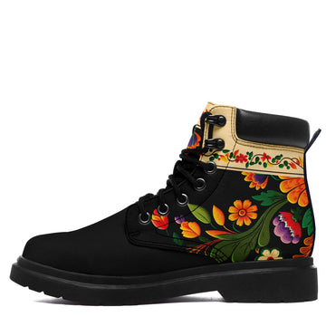 Personalized Black Work Boots with Colorful Floral Folk Art Print, Tan Collar Detail, Lace-Up Front and Lug Sole - 1921-26025198-6