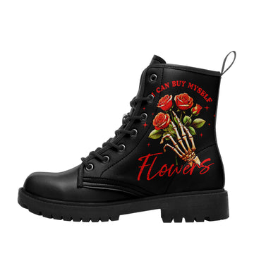 I Can Buy Myself Flowers Skeleton Hand Combat Boots - Red Rose Self Love Shoes BOOTS-24023007-1