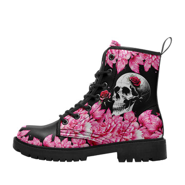 Gothic Black Floral Skull Combat Boots – Women's Pink Peony Lace-Up Ankle Boots - BOOTS-26025197-9