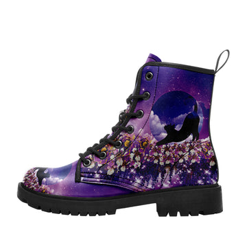 Purple Galaxy Cat Print 8-Eyelet Combat Boots with Black Lug Sole - BOOTS-26025221-5