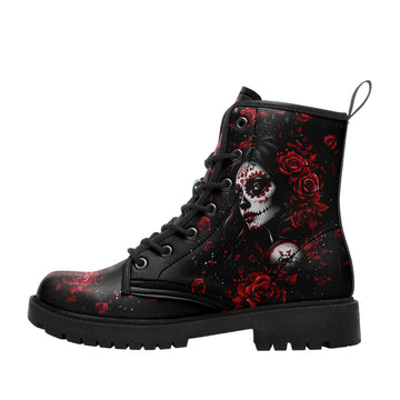 La Catrina Side Profile & Red Roses Combat Boots - Chicano Tattoo Art Shoes 058-6-25009040-9
