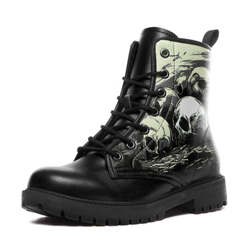 Grunge Pale Skull Pile Combat Boots - Catacombs Sketch Art Shoes BOOTS-24023001-1