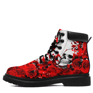 Personalized White Red Rose Skull Work Boots, Black Lug Sole Lace-Up Ankle Boots with Padded Collar - 1921-26025198-16