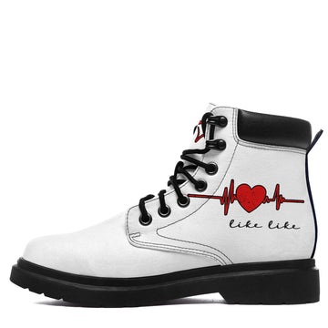 Personalized Heartbeat Graphic Lace-Up Work Boots in White with Black Sole and Padded Collar - 1921-26025198-1