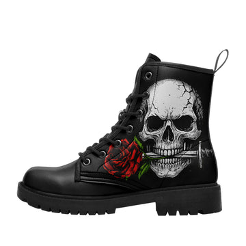 Skull Biting Dagger & Red Rose Combat Boots - Old School Tattoo Art Shoes BOOTS-25023165-1