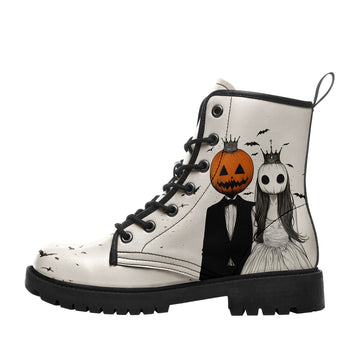 Pumpkin King & Ghost Bride Combat Boots - White Halloween Wedding Shoes 058-6-25009051-2