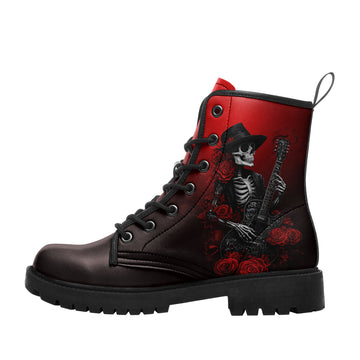 Skeleton Guitarist with Red Roses Combat Boots - Mariachi Day of the Dead Shoes 058-6-25009073-2