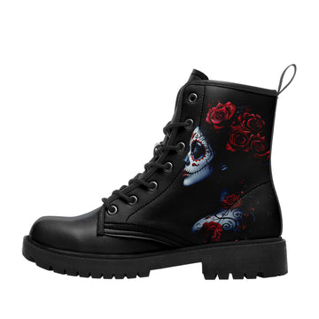 La Catrina Sugar Skull Portrait Combat Boots - Red Rose Tattoo Art Shoes 058-6-25009040-6