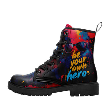 Be Your Own Hero Paint Splatter Combat Boots - Motivational Quote Shoes 058-6-25009075-8