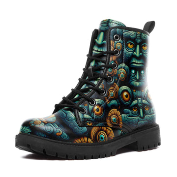 Ancient Mayan Stone Mask Combat Boots - Turquoise Aztec Pattern Shoes BOOTS-25027041-6
