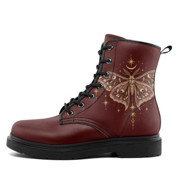 Customizable Burgundy Moon Moth Boots with Personalized Celestial Artwork, 8-Eyelet Combat Boots for Gothic Style - 058-6-26006349-5