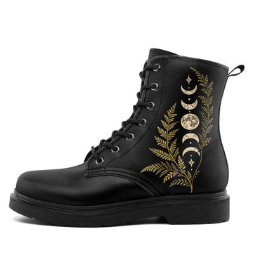 Customizable Gothic Celestial Boots with Moon Phases and Ferns, Personalized Black Lace-Up Combat Boots - 058-6-26006349-1