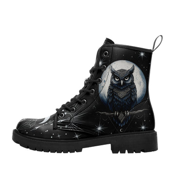 Mystic Owl & Full Moon Combat Boots - Midnight Blue Bird Shoes BOOTS-25023135-7