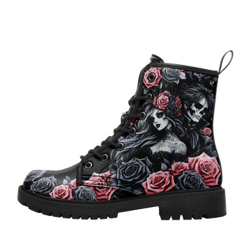 Tattoo Style Sugar Skull Girl & Roses Combat Boots - Chicano Art La Catrina Shoes BOOTS-24023007-6