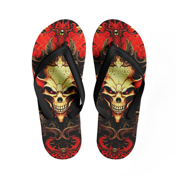 Toponepod Demonic Skull Fire Flip Flops | Custom Red Flame Gothic Sandals with Evil Grin Skull Art for Men | FN058-25023046-7