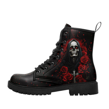 Grim Reaper with Crucifix & Red Roses Combat Boots - Gothic Horror Shoes 058-6-25009073-4