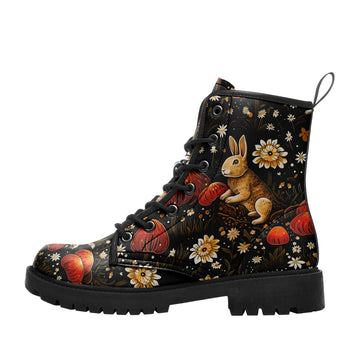 Dark Cottagecore Rabbit & Red Mushroom Combat Boots - Floral Hare Woodland Shoes BOOTS-25023135-4