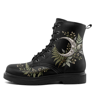 Customizable Moon Garden Boots with Personalized Floral Artwork, Black 8-Eyelet Lace-Up Combat Style - 058-6-26006349-2