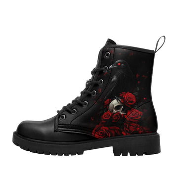 Gothic Red Eyed Raven on Skull Combat Boots - Dark Rose Crow Shoes 058-6-25009073-8