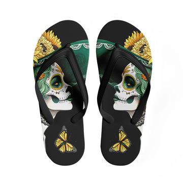Toponepod Day of the Dead Sugar Skull Flip Flops | Custom Sunflower & Butterfly Art Sandals for Men and Women