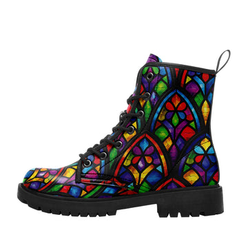 Colorful Stained Glass Print 8-Eyelet Combat Boots with Black Lug Sole - BOOTS-26025221-6