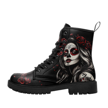 Tattoo Style La Catrina & Red Roses Combat Boots - Sugar Skull Girl Shoes 058-6-25009040-10