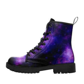 Purple Galaxy 8-Eyelet Combat Boots, Vegan Leather Look, Black Lug Sole - 058-6-24020251-4