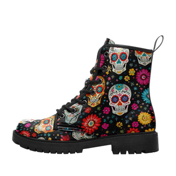 Colorful Sugar Skull & Flower Pattern Combat Boots - Mexican Folk Art Shoes 058-6-25009040-2