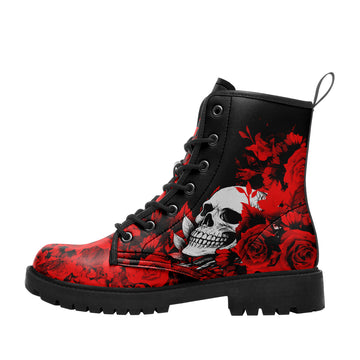 Gothic Black Blood Rose & Skull Combat Boots – Dark Romance Floral Lug Sole Boots - BOOTS-26025197-18