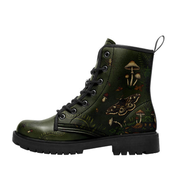 Nature-Inspired Olive Green Lug Sole Boots for Mushroom and Moth Art Lovers - BOOTS-26025221-9