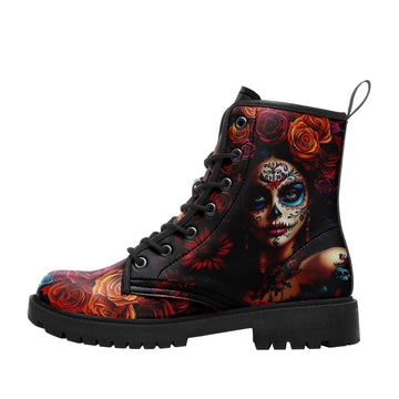 La Catrina Sugar Skull Portrait Combat Boots - Blue Eyed Day of the Dead Shoes 058-6-25009040-8