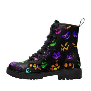 Neon Rainbow Jack-o'-Lantern Faces Combat Boots - Colorful Halloween Shoes 058-6-25009051-4