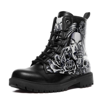 Toponepod Dark Gothic Queen Combat Boots | Skeleton Hand, Skull and Crown Tattoo Art Design Black Boots | BOOTS-25027041-1