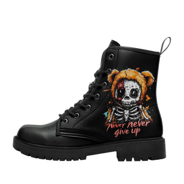Skeleton in Teddy Bear Hood Combat Boots - Never Give Up Quote Shoes 058-6-25009075-4