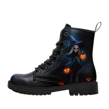 Cute Witch Skeleton with Glowing Pumpkins Combat Boots - Halloween Graphic Shoes 058-6-25009051-5