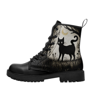 Silhouette Black Cat & Moon Storybook Combat Boots - Whimsical Shadow Art Shoes BOOTS-25023135-8