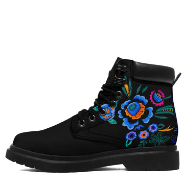 Personalized Black Floral Work Boots, Colorful Folk Art Print Lace-Up Ankle Boots with Padded Collar - 1921-26025198-17