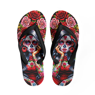 Toponepod Sugar Skull Lady Flip Flops | Colorful Da de los Muertos Sandals with Tattooed Catrina & Roses | FN058-25023046-2