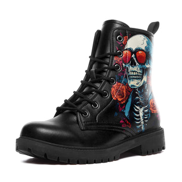 Cool Skeleton Wearing Red Sunglasses Combat Boots - Rocker Floral Shoes BOOTS-24027008