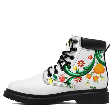 Personalized White Padded Collar Work Boots with Colorful Floral Vine Print, Black Laces, Speed Hooks and Lug Sole - 1921-26025198-9
