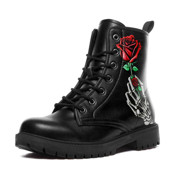 Single Red Rose & Skeleton Hand Combat Boots - Minimalist Gothic Shoes BOOTS-24023001-2