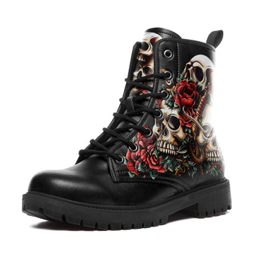 Neo-Traditional Tattoo Skull & Dagger Combat Boots - Snake Rose Biker Shoes BOOTS-24027003